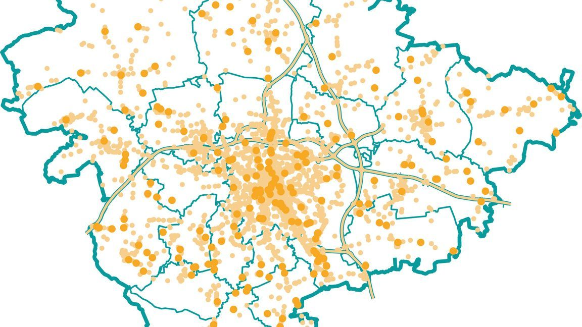 Karte der Region Hannover mit vielen orangefarbenen Punkten, die vor allem im Stadtzentrum dicht verteilt sind – Darstellung von Datenerfassungen oder Projektstandorten.