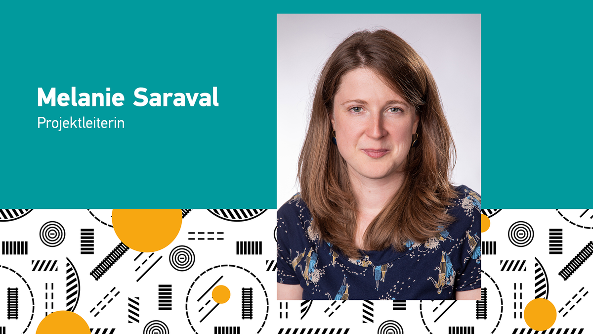 Grafik mit Porträt einer Frau und Textfeld mit Name und Berufsbezeichnung „Projektleiterin“, auf modern gestaltetem Hintergrund.