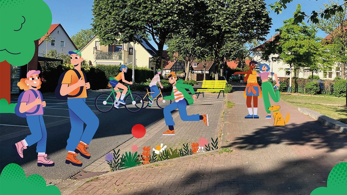 Montage aus Straßenfoto und Illustrationen von Menschen, die spielen, radfahren und spazieren – Symbol für lebendige, verkehrsberuhigte Stadtgestaltung.
