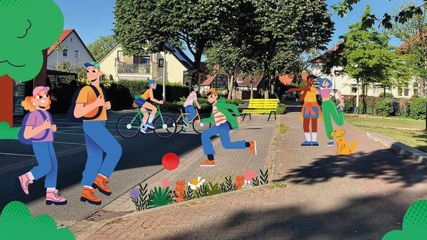 Montage aus Straßenfoto und Illustrationen von Menschen, die spielen, radfahren und spazieren – Symbol für lebendige, verkehrsberuhigte Stadtgestaltung.